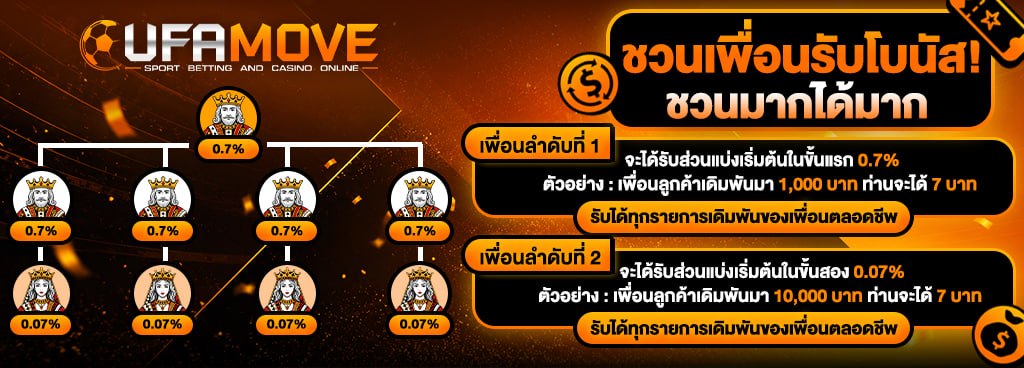 แนะนำเพื่อนรับ 0.7% จากทุกยอดเดิมพัน